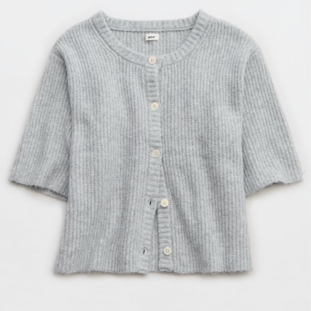 Aerie Light Gray Ribbed Button Short Sleeve Cardigan - Picture 6 of 6